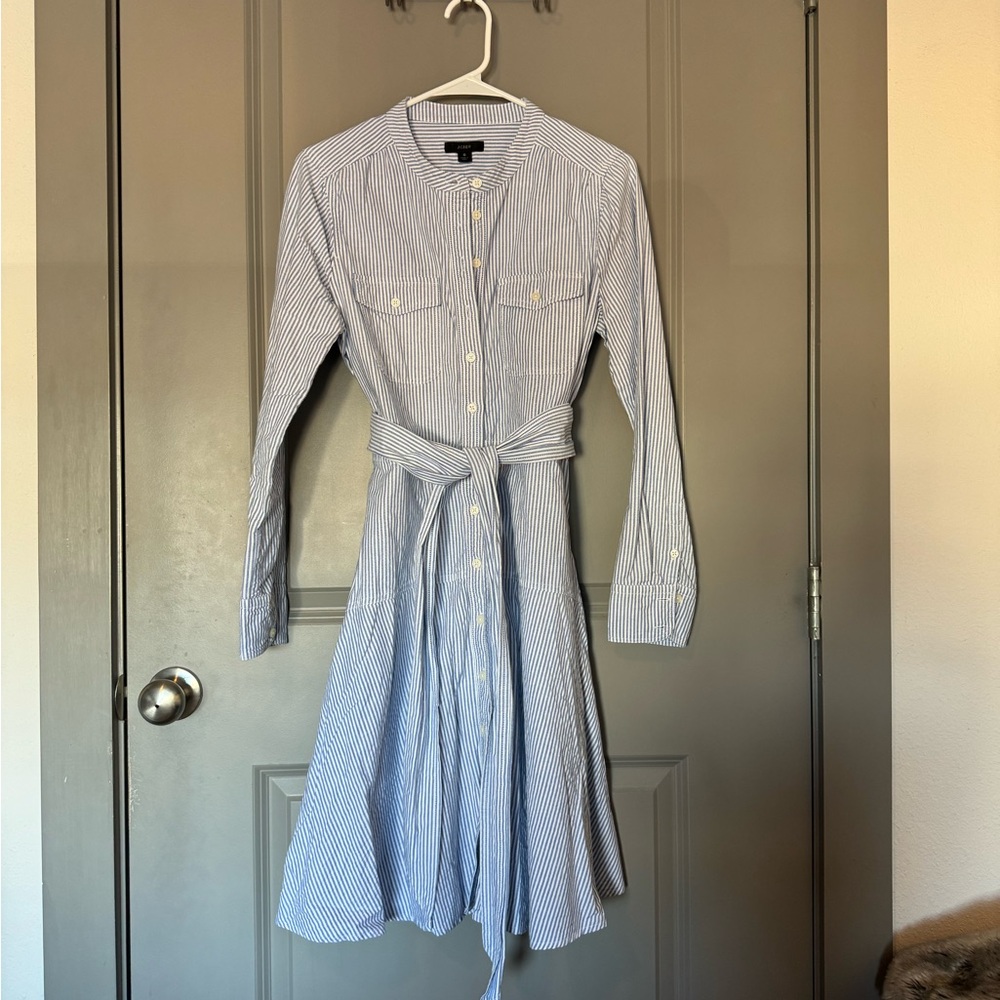 J. Crew Blue Pinstripe Long Sleeve Dress